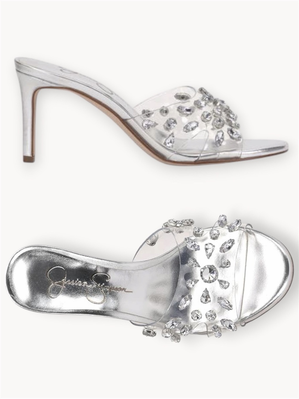 Jessica Simpson Silver Jeweled Clear Mule Heels